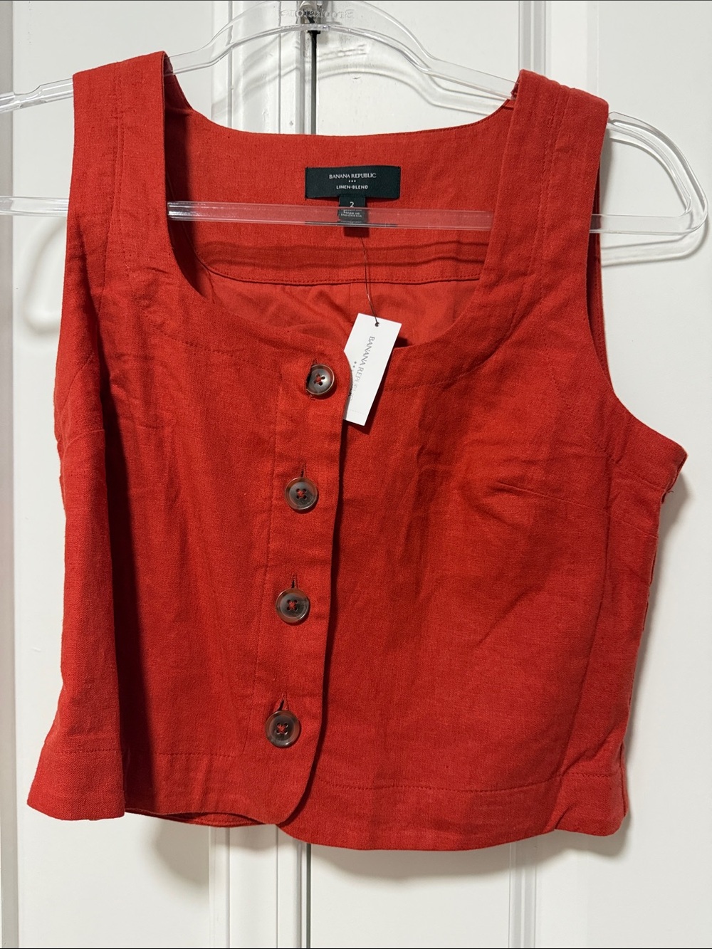 Banana Republic Red Linen-Blend Button Front Crop Tank